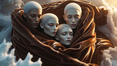 Elegance and tranquility: shaved-head women in surreal misty landscape