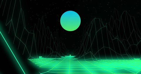 Futuristic neon metaverse with digital sun and mountains