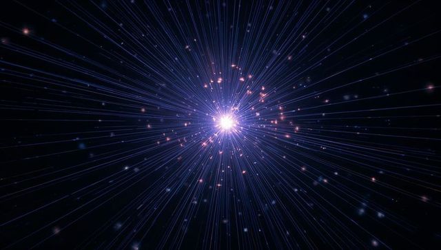 Radiating luminous core emitting radial light streaks and neon sparks in deep space
