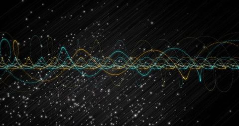 Neon Waveform Network Weaving Through Starfield for Futuristic Audio Frequency Data Flow