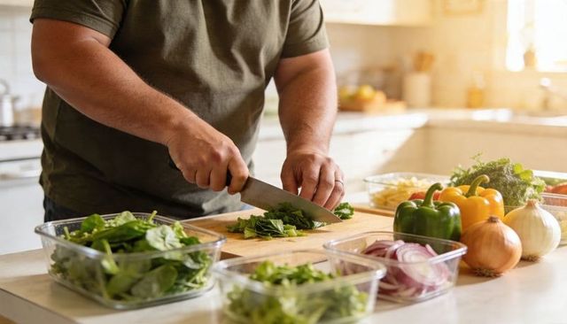 Man chopping fresh herbs on cutting board with colorful vegetables in sunlit kitchen