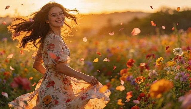 Sunlit twirl in wildflower meadow: woman in floral dress spinning at golden hour