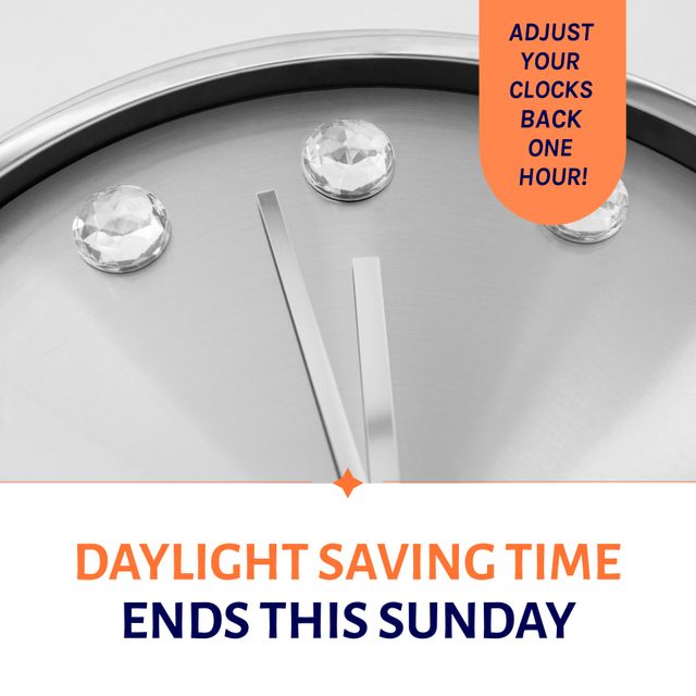 Graphic reminder for daylight saving time ending. Features a close-up of a clock with text 'Adjust your clocks back one hour' and 'Daylight saving time ends this Sunday'. Ideal for use in social media posts, newsletters, and websites to remind people about time changes.