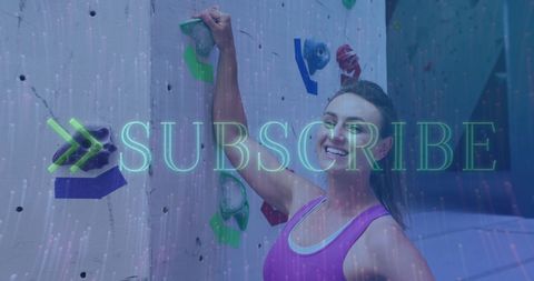 Woman on climbing wall with subscribe text overlay