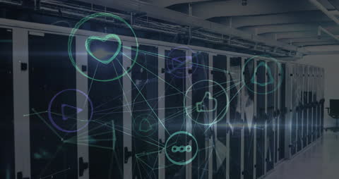 Digital Data Processing in Server Room with Animated Icons