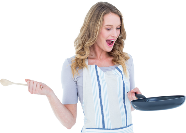 Cheerful Woman Holding Transparent Frying Pan with Wooden Spoon - Download Free Stock Videos Pikwizard.com