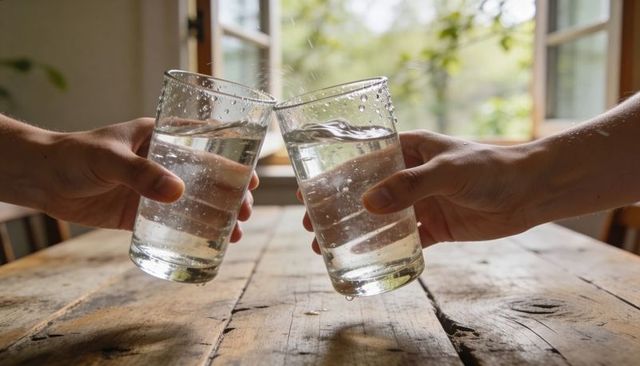 Clinking Water Glasses Over Rustic Wooden Table Capturing Casual Home Toast and Splashes