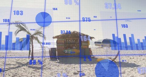 Thatch beach shack and palm trees with blue data overlay grid for coastal infographic