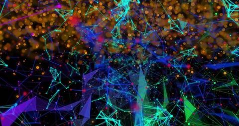 Pulsing neon network connecting glowing nodes with bokeh lights and cyberpunk depth