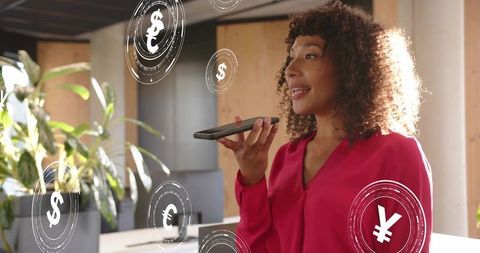 Businesswoman Discussing Finances on Smartphone with Currency Icons