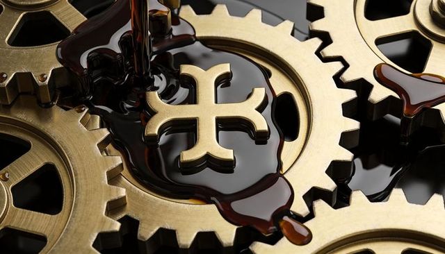 Dark lubricant pouring over brass gears with raised emblem, industrial mechanism