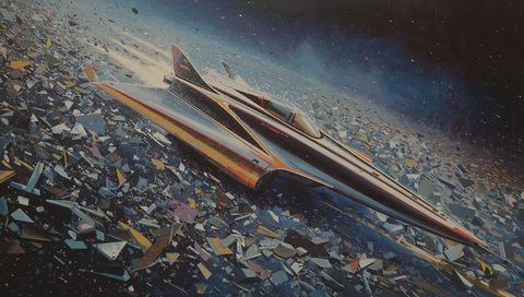 Sleek starfighter skimming shattered debris field in deep space with twin fins and reflective canopy