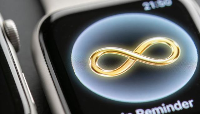 Smartwatch display showing gold infinity emblem glowing within soft halo macro close-up
