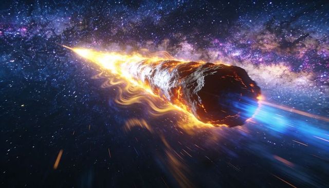 Streaking fiery asteroid with glowing plasma tail racing through vibrant milky way nebula
