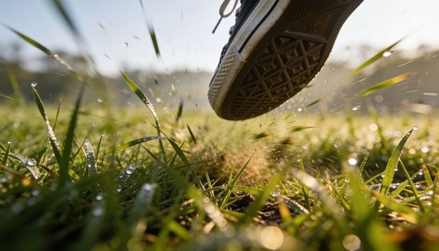 Kicking canvas sneaker sole into dewy grass sending soil droplets low-angle morning closeup