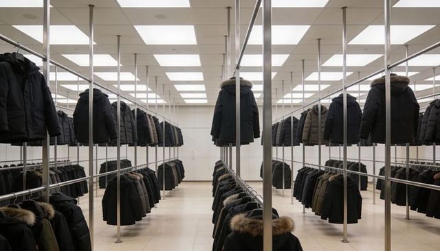 Displaying winter parkas on symmetrical metal racks in minimalist retail showroom