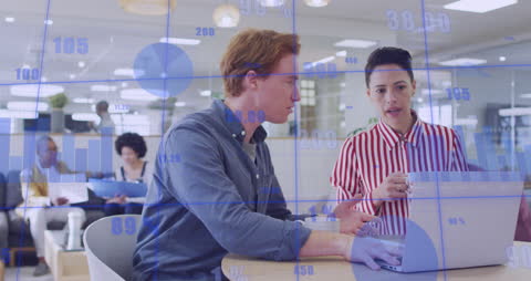 Diverse Team Analyzing Statistical Data on Laptop in Modern Office