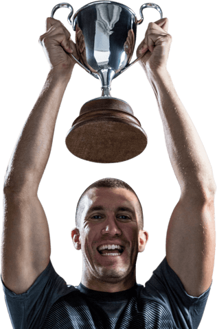 Successful athlete triumphantly holding winning trophy transparent background
