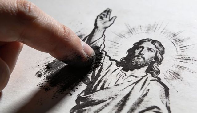 Finger rubbing smudging ink on jesus print with halo closeup texture and pigment dust