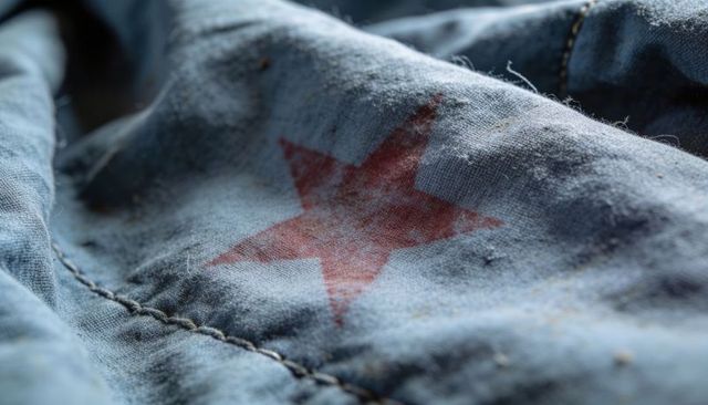 Showing worn blue denim with faded red star macro texture and frayed stitch detail