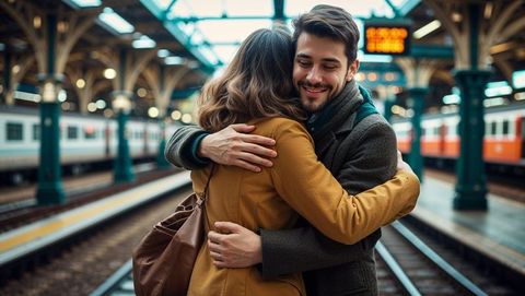 Couple Embracing at Train Station Platform with Urban Architecture