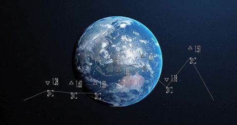 Earth rotating in space with digital data overlays, chart markers and futuristic hud ui