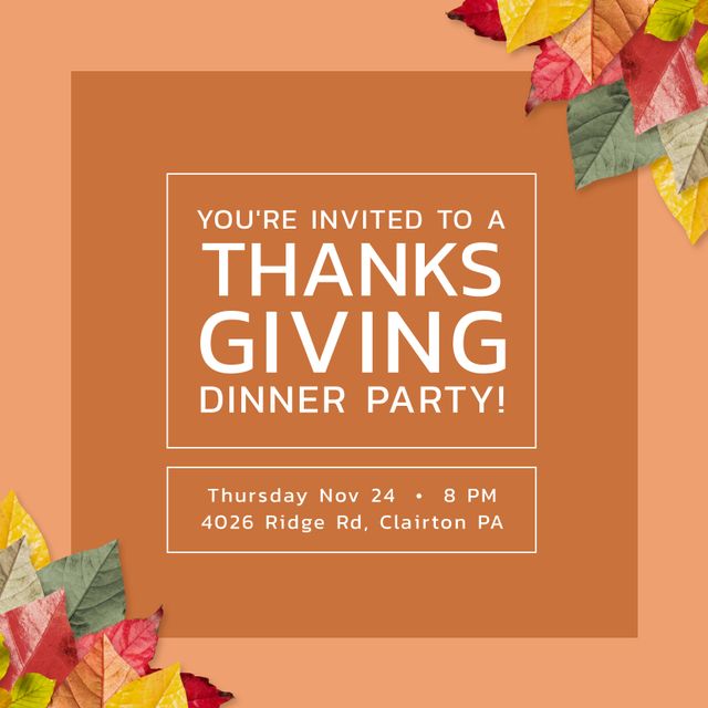 Thanksgiving Dinner Party Invitation with Autumn Leaves Border - Download Free Stock Templates Pikwizard.com