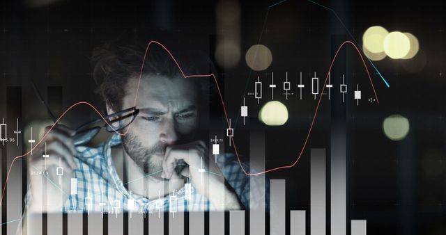 Digital generated image of graph and tired man working on computer at night 4k