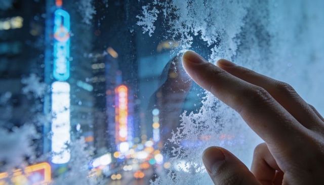 Finger Pressing Frosty Window at Night with Urban Neon City Lights and Snowflake Patterns