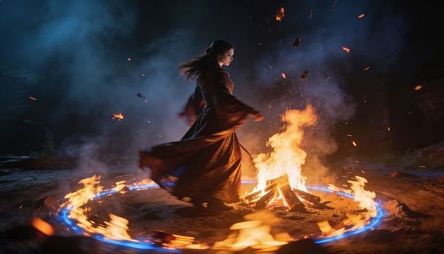 Mystical dancer spinning around bonfire inside radiant blue flame circle under night sky