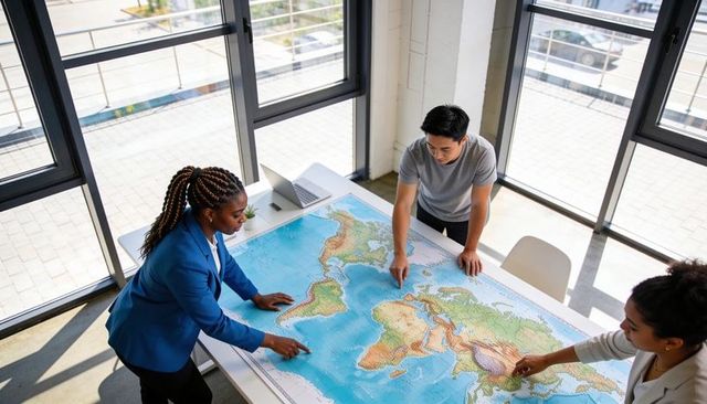 Team mapping global strategy around large world map in bright glass-walled office workspace