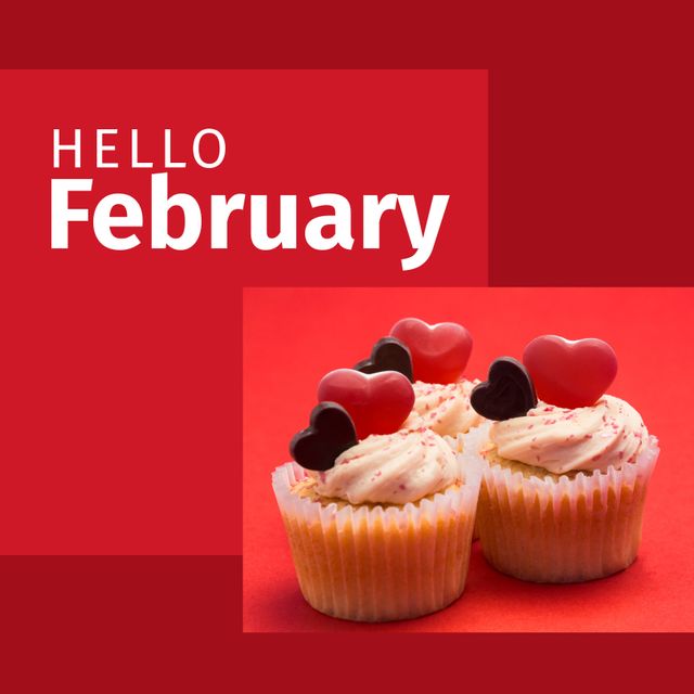 Composition of hello february text and cupcakes with hearts on red background. February, valentine's day, love and romance concept digitally generated image.