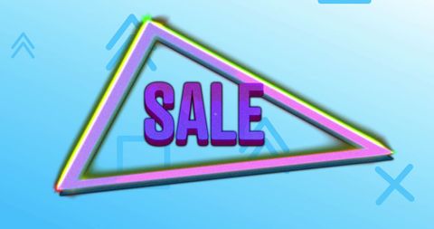 Purple sale text with neon triangles on blue background