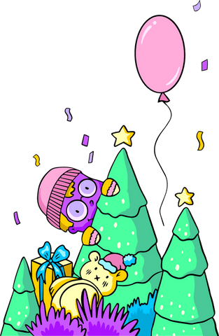 Whimsical cartoon with purple creature on transparent background