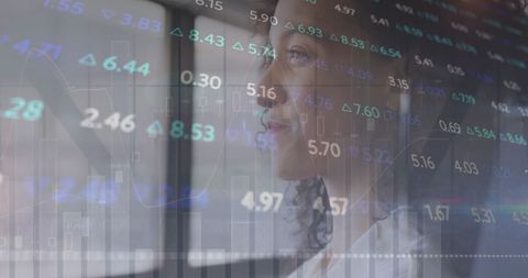 a businesswoman is seen analyzing digital financial data, with stock market numbers and financial graphs superimposed, suggesting focus on investment strategies and economic analysis. suitable for use in corporate presentations on finance, articles about economic trends, or promotions about financial technology solutions.