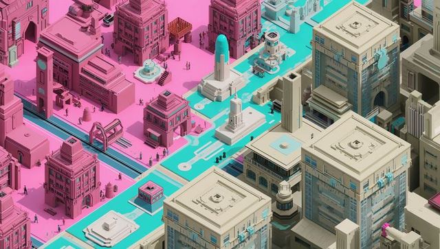 Stylized isometric city diorama with central turquoise canal, rocket, tiny walking figures
