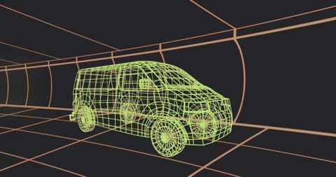 Neon Wireframe Van Model: Futuristic Tech in Virtual Tunnel