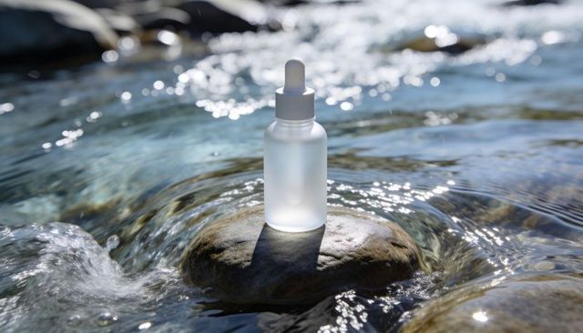 Frosted glass serum dropper bottle sitting on river rock, sunlit natural skincare concept