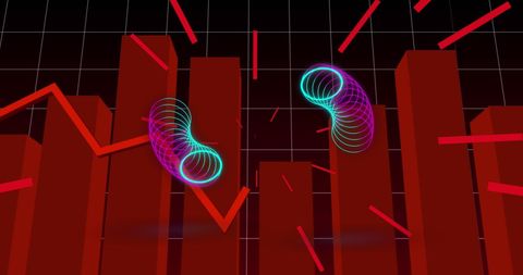 Abstract digital interface with floating spirals and data charts