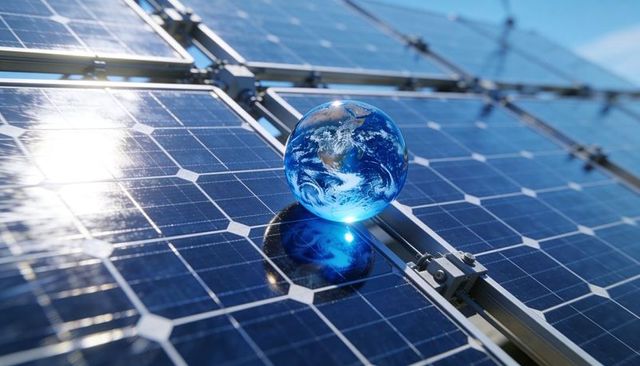 Glass Earth Globe Reflecting on Solar Panels Representing Renewable Energy and Sustainability