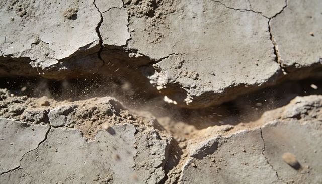 Cracked clay fissure releasing airborne dust and loose sand over parched ground