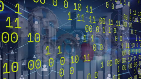 Digital scene shows binary code overlaying network icons symbolizing data processing. Represents modern digital interfaces and global communication advances. Ideal for themes on technology, innovation, data analysis. Useful for technology news articles, educational materials, corporate presentations.