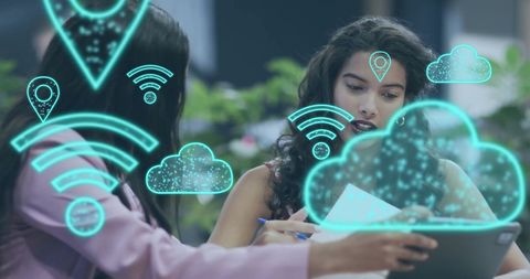 Diverse Professionals Engaged in Digital Concept Art with Wifi and Cloud Icons - Download Free Stock Images Pikwizard.com
