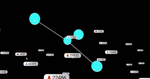 Connecting neon avatar nodes in diagonal network with notification badges on dark dashboard