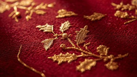Gilded floral embroidery shimmering on deep red woven fabric macro detail