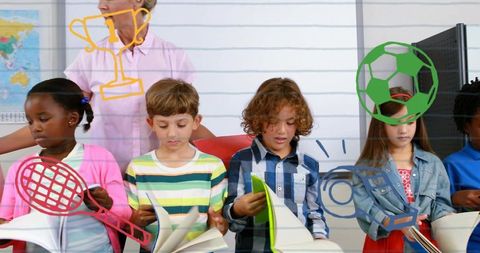 Elementary students reading together in colorful classroom with teacher and playful doodles