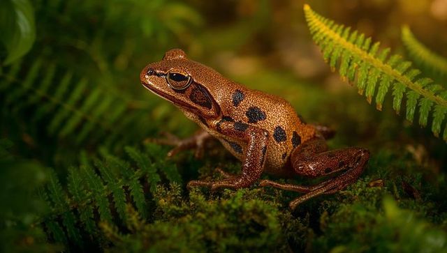 Perching brown spotted frog blending into moss among fern fronds, macro wildlife portrait