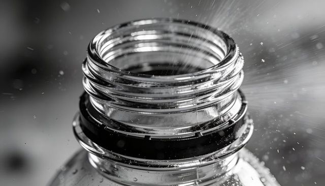Macro bottle neck showing threaded mouth and sealing ring with mist and water droplets