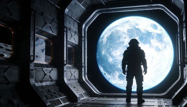 Standing astronaut silhouette watching glowing blue moon through spaceship metal viewport