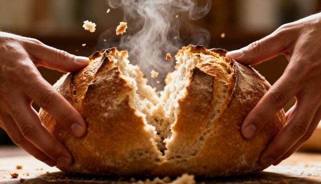 Hands pulling apart steaming rustic artisan sourdough loaf, crusty bread close-up